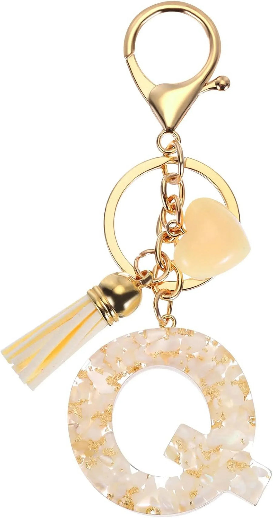 Letter Q Keychain with Tassel and Lobster Clasp, Marble Pattern Initial Bag Charm for Women, Cream Gold, Daily Comfort Use