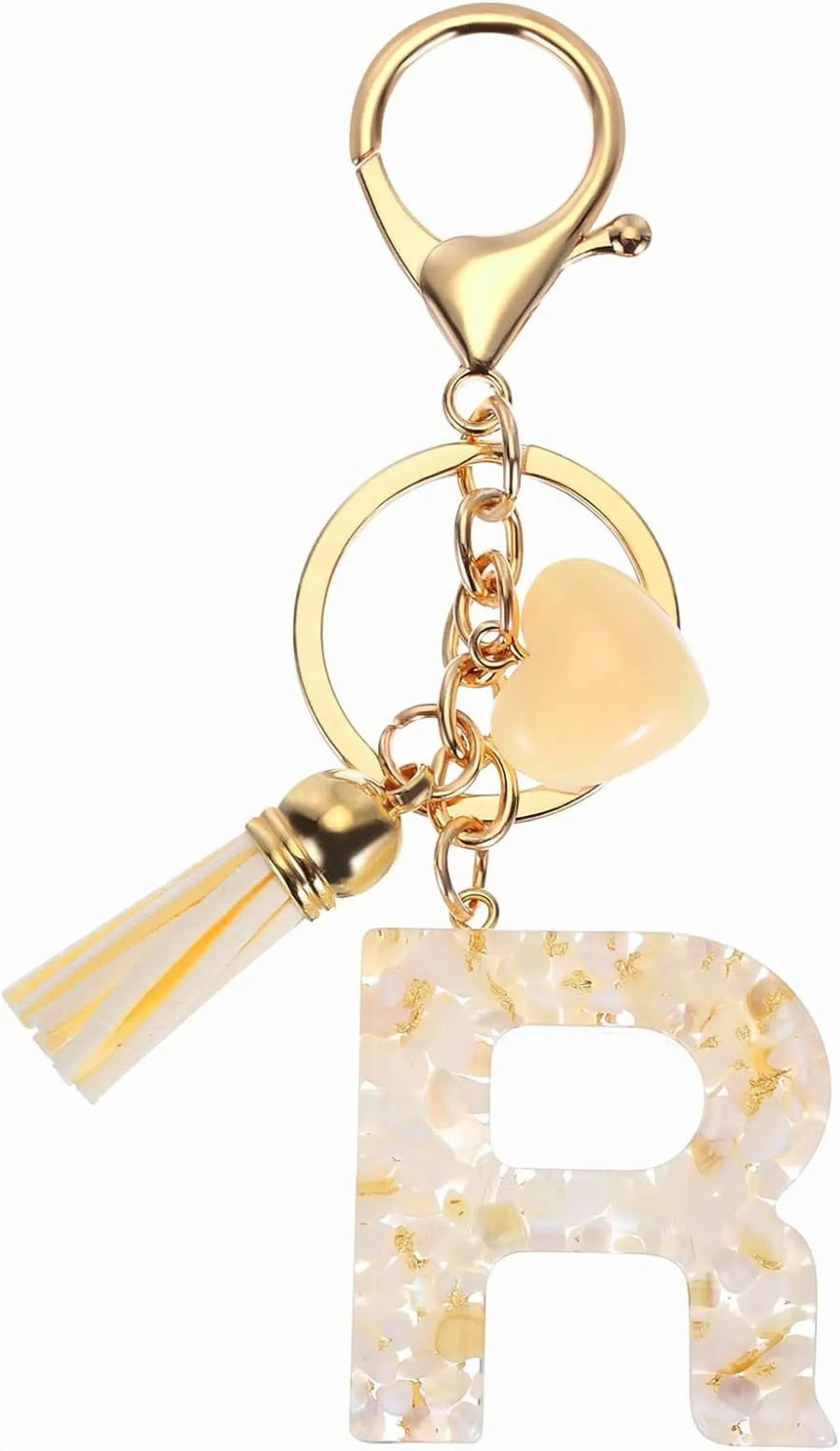Letter R Keychain with Tassel and Gold Tone Clasp for Bags and Keys Cream White, Daily Comfort Use, for Men Women and Everyday Wear
