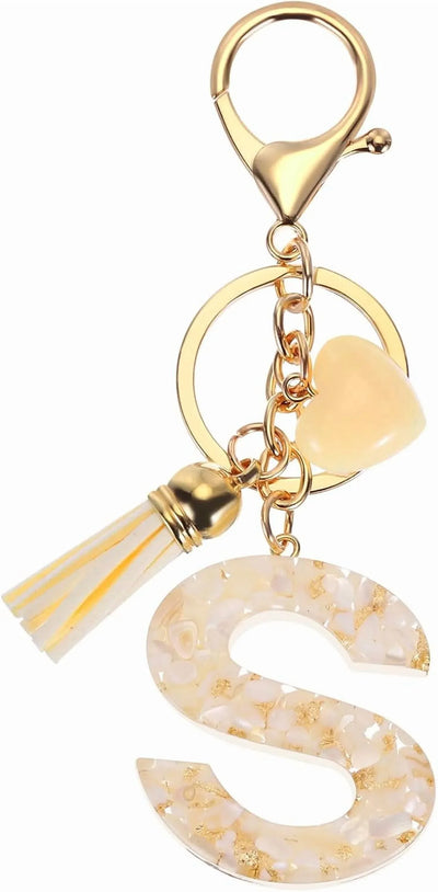 Initial Letter Keychain Charm, Resin Tassel Bag Pendant for Keys Handbag Backpack, Cream Gold S, Letter S Option