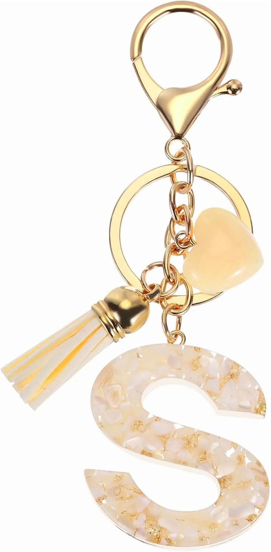 Initial Letter Keychain Charm, Resin Tassel Bag Pendant for Keys Handbag Backpack, Cream Gold S, Letter S Option