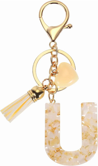 Letter U Keychain with Tassel and Lobster Clasp for Bag Purse Keys, Cream Gold, Daily Comfort Use, for Men Women and Everyday Wear