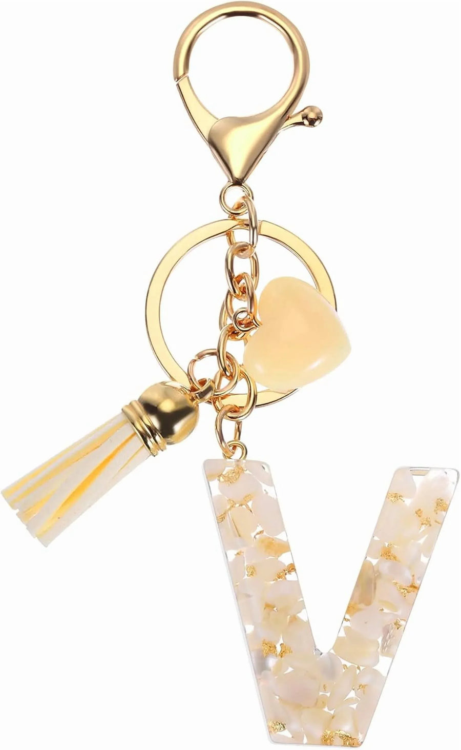 Floral Resin Letter V Keychain with Tassel and Lobster Clasp for Bag Purse Keys, Gold Tone Beige, Daily Comfort Use