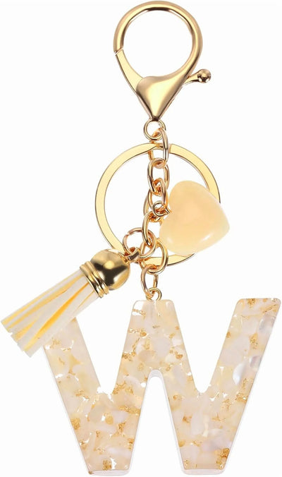 Letter W Initial Keychain with Tassel and Bead Charm for Women Girls Handbag Keys Accessory Gold Tone, Daily Comfort Use