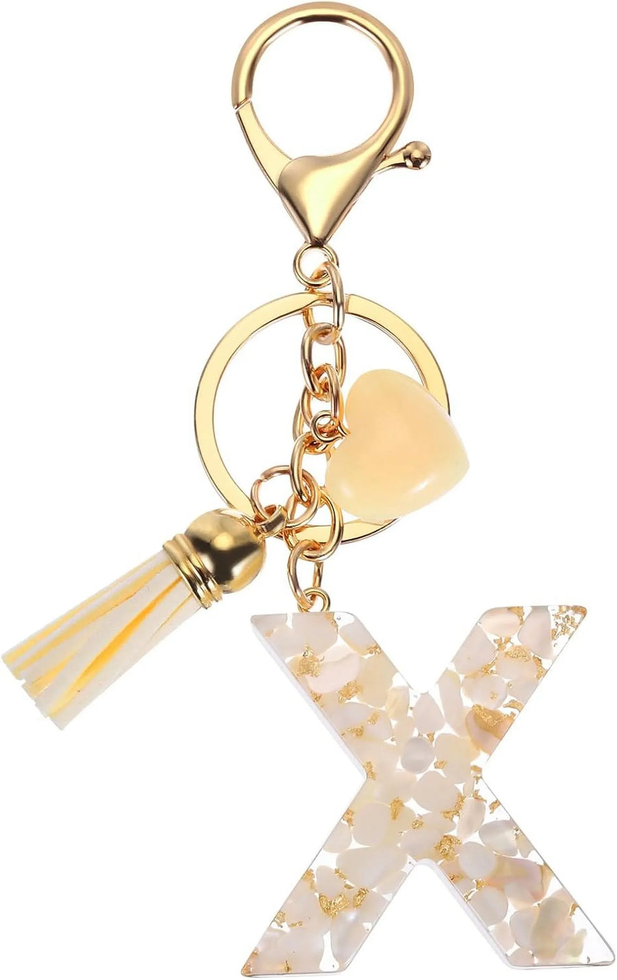 Letter X Keychain Charm with Tassel and Bead, Gold Tone Initial Bag Pendant for Keys and Handbags, Cream White
