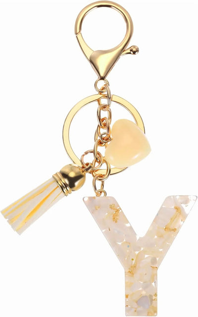 Initial Letter Keychain with Tassel and Lobster Clasp for Bags Keys and Gifts, Y, Cream and Gold, Letter Y Option