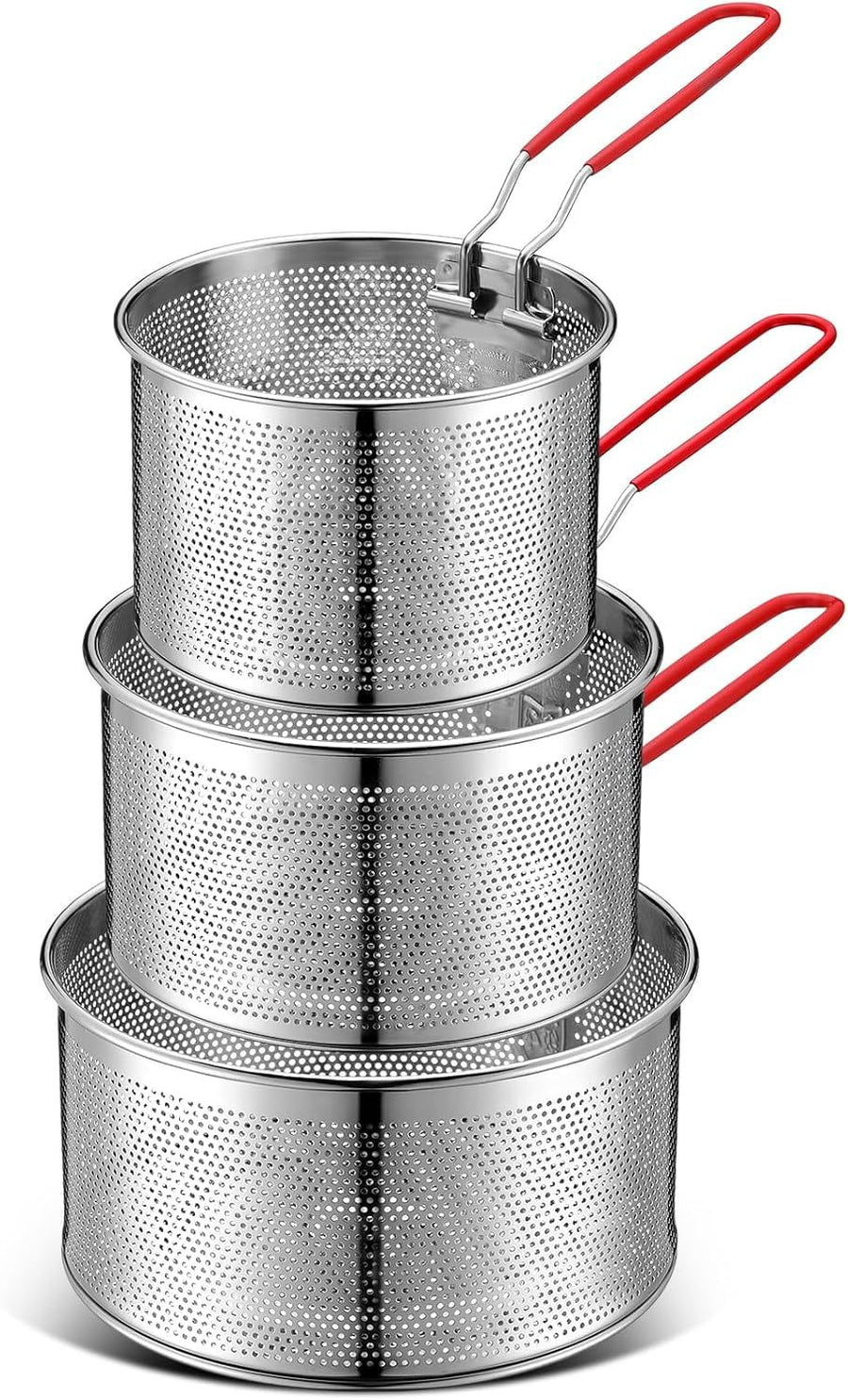 304 Stainless Steel Pasta Strainer Baskets, 3 Pack Noodle Blanching Baskets with Long Removable Handles for Kitchen Use