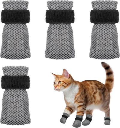 4 Pcs Cat Anti Scratch Mittens Adjustable Breathable Mesh Claw Covers for Bathing and Nail Trimming Gray, L Size