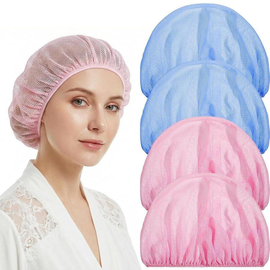 4 Pack Mesh Sleep Bonnets for Women, Elastic Hair Nets for Sleeping and Hair Drying, Colorful, Pink/Blue, Daily Comfort Use