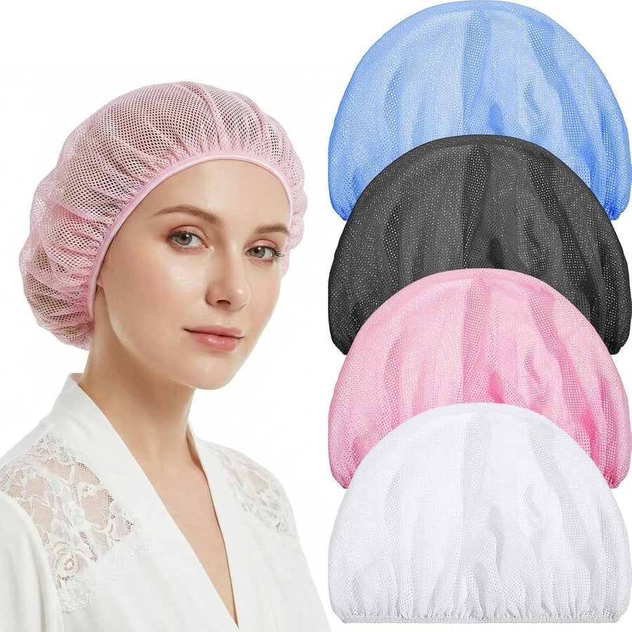 4 PCS Mesh Sleep Bonnets for Women, Elastic Hair Nets for Sleeping and Hair Drying, Colorful Sleeping Caps, Pink/Blue/White/Black