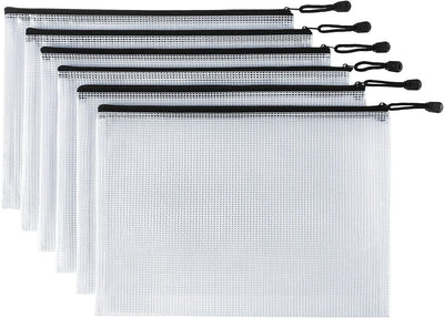 6 Pack Mesh Zipper Pouch Bags Waterproof File Folder Organizer for Office Supplies and Travel Storage Clear, White