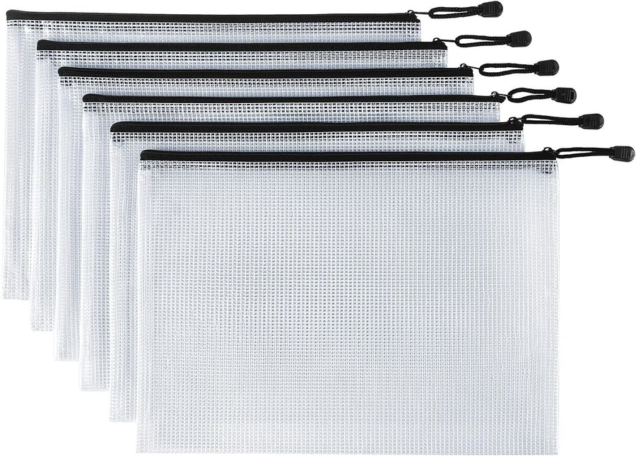 6 Pack Mesh Zipper Pouch Bags Waterproof File Folder Organizer for Office Supplies and Travel Storage Clear, White