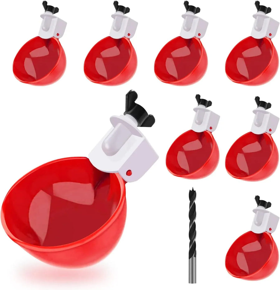 8 Pack Chicken Waterer Cups Automatic Leakproof Poultry Drinking System with Tee Fitting and Mounting Tool for Chickens Red
