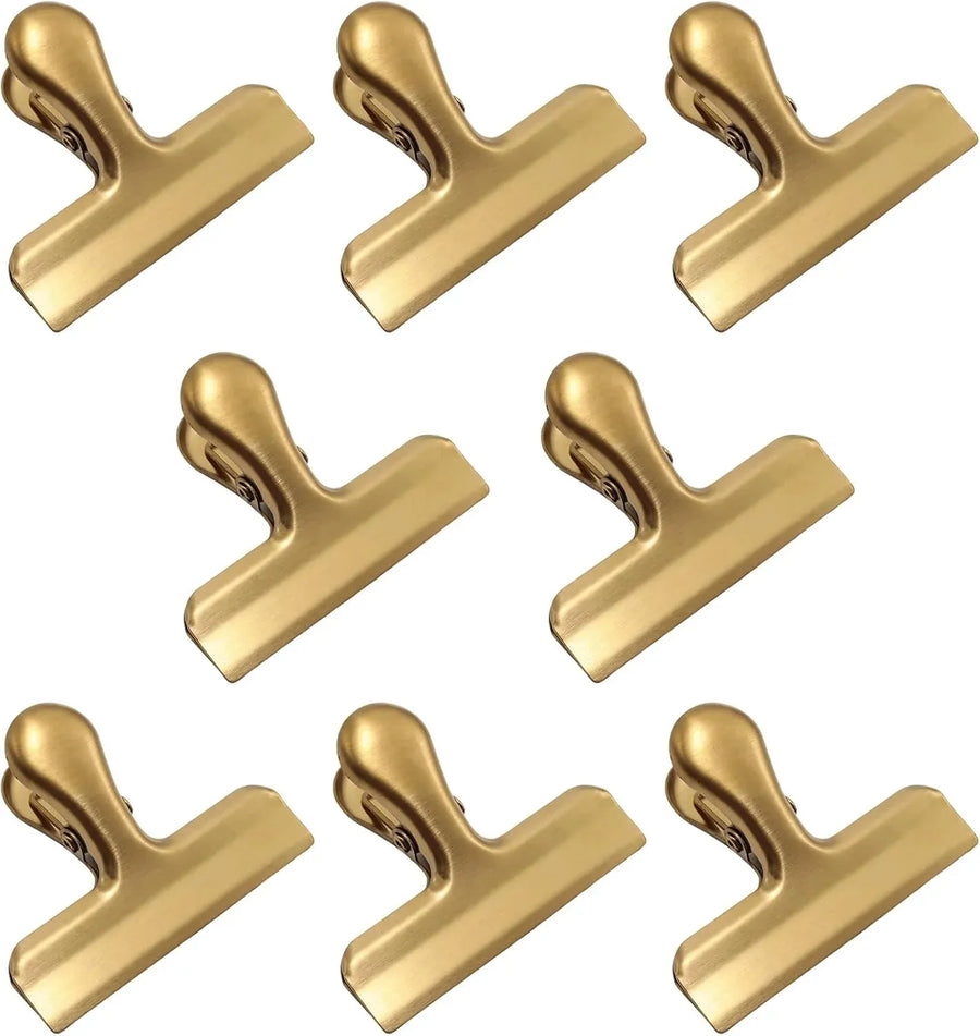 8 Pack Bag Clips, 3 Inch Wide Stainless Steel Heavy Duty Chip Clips for Food Bags, Coffee, Kitchen and Office Storage, Gold