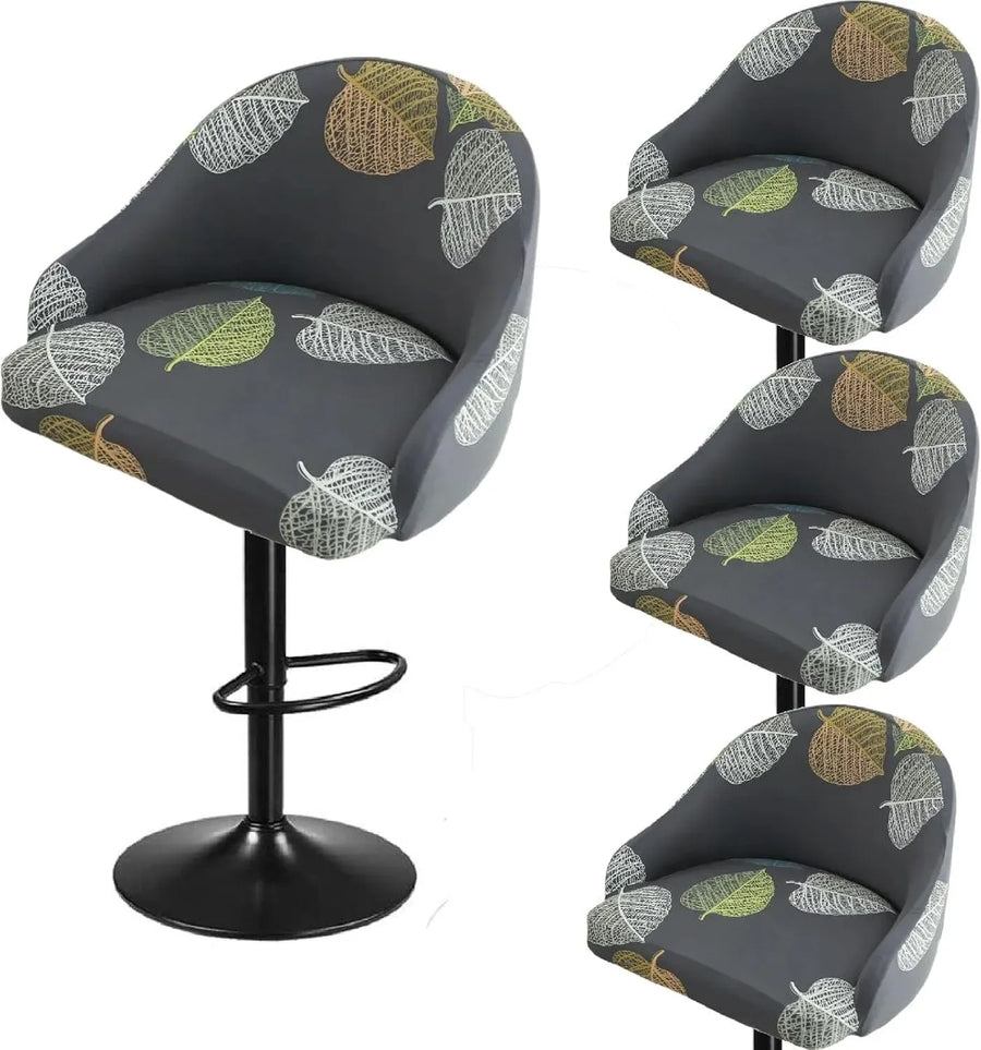 4 Pack Bar Stool Slipcovers Stretch Swivel Chair Covers with Back for Armchair Kitchen Island Gray Leaf Pattern