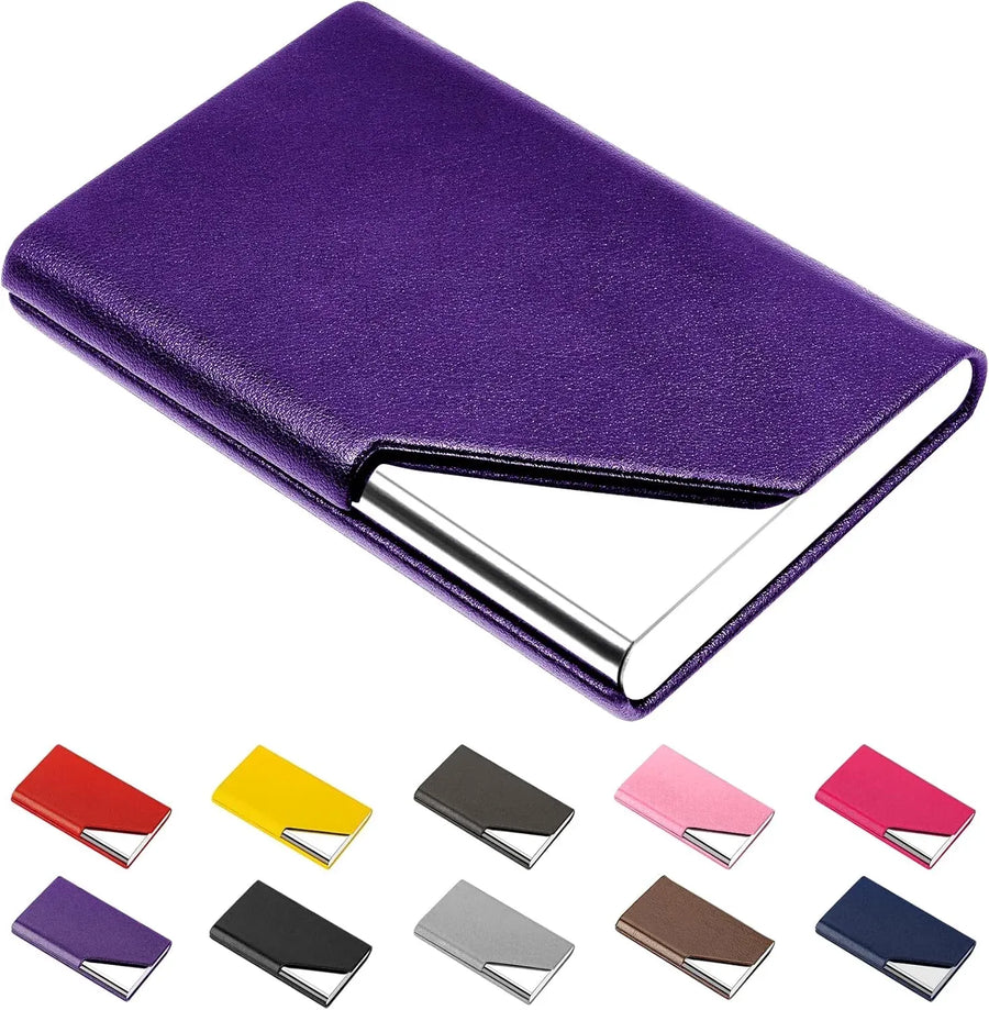Business Card Holder, Leather and Metal Slim RFID Blocking Card Case with Magnetic Closure for Men and Women, Purple