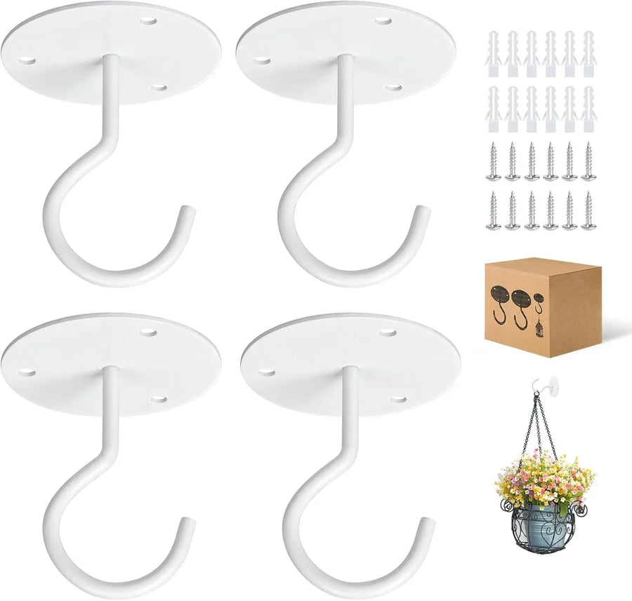 Ceiling Hooks Heavy Duty Metal Plant Hangers for Hanging Plants and Decor Indoor Outdoor White 4 Pcs, Heavy Duty Use