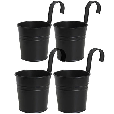 Metal Railing Planter Pots, 4 Pack Hanging Flower Buckets for Balcony Garden Fence Decor, Black, 4 Inch, for Garden Yard and Outdoor Use