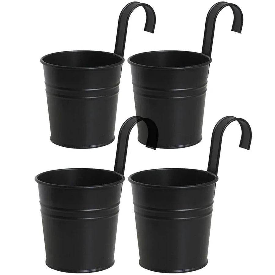 Metal Railing Planter Pots, 4 Pack Hanging Flower Buckets for Balcony Garden Fence Decor, Black, 4 Inch, for Garden Yard and Outdoor Use