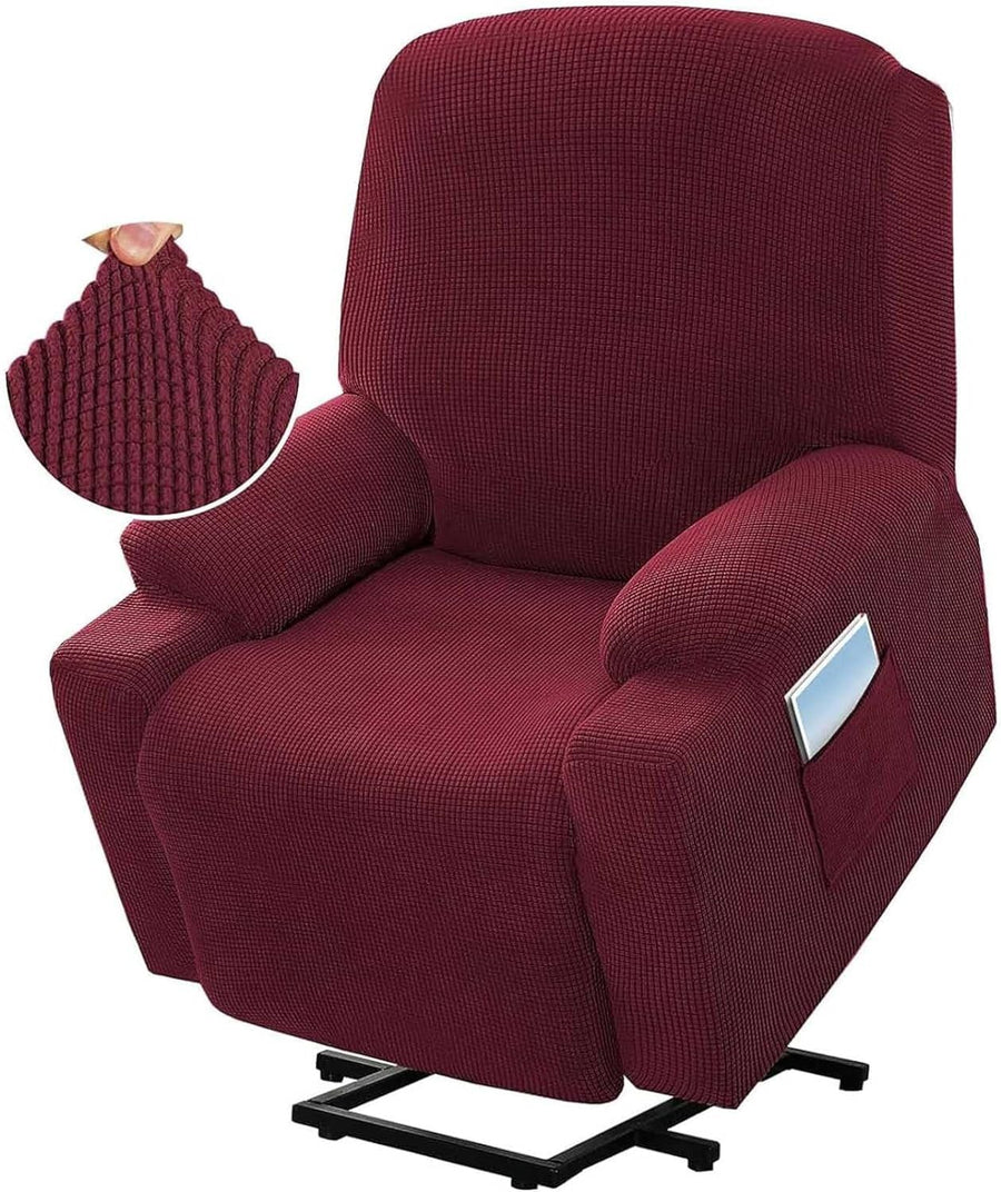 Power Lift Recliner Chair Cover High Stretch Soft Jacquard Fabric with Side Pocket for Standard Recliners Burgundy, Letter B Option