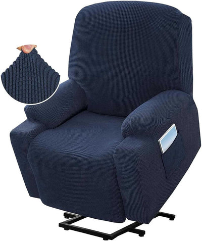Recliner Slipcover with Side Pocket, High Stretch Soft Jacquard Fitted Cover for Standard Power Lift Recliner, Navy Blue, Letter F Option