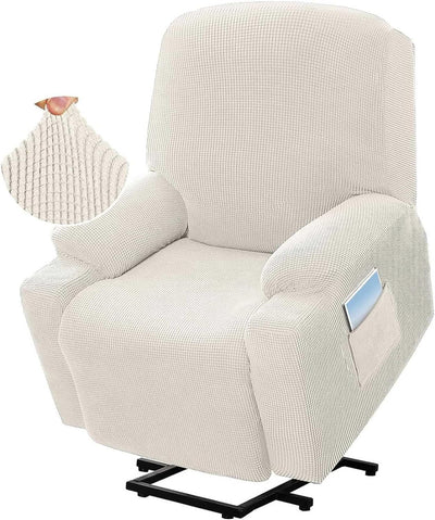 Power Lift Recliner Slipcover, High Stretch Soft Jacquard Fabric with Side Pocket, Fitted Cover for Standard Recliner Chair, Cream, Letter H Option