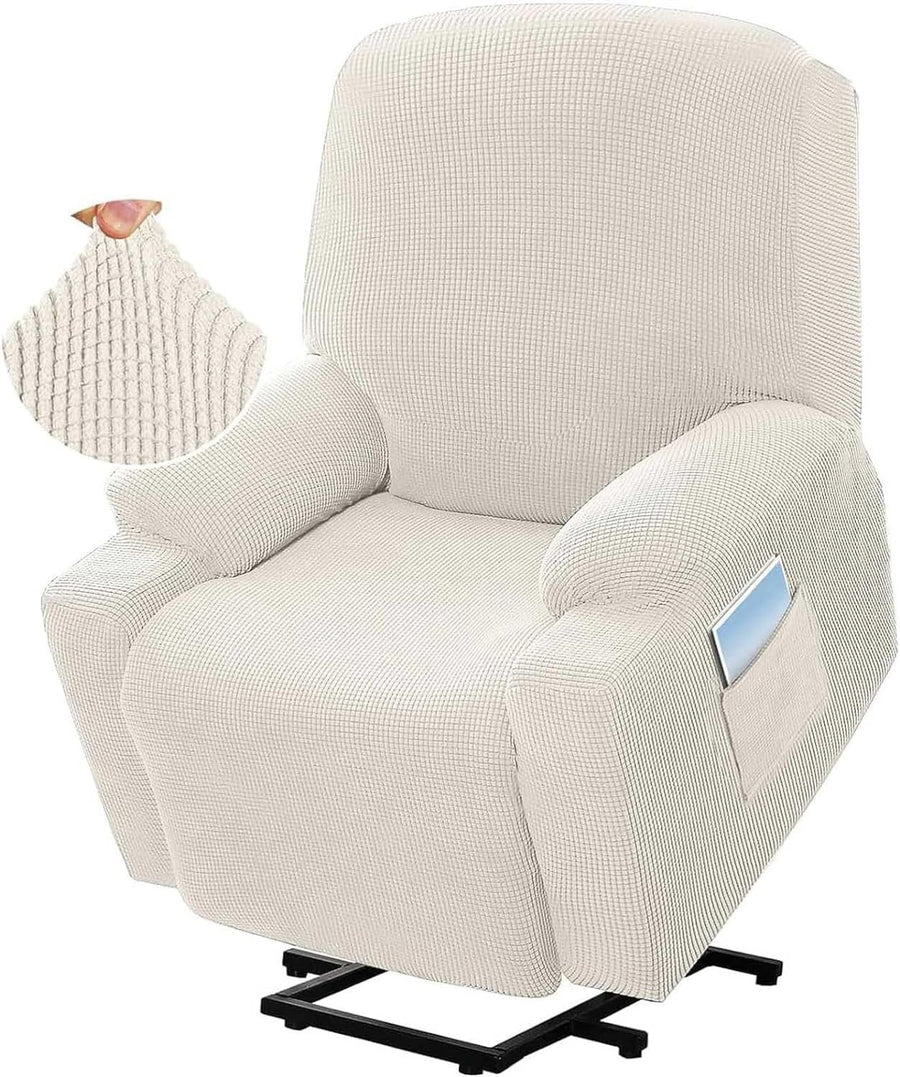 Power Lift Recliner Slipcover, High Stretch Soft Jacquard Fabric with Side Pocket, Fitted Cover for Standard Recliner Chair, Cream, Letter H Option
