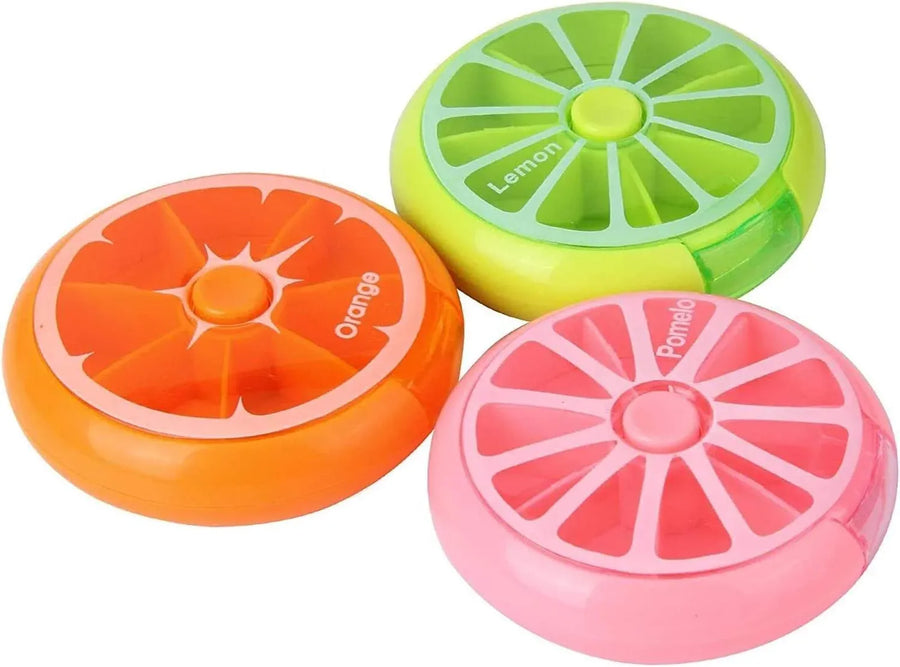 7 Day Weekly Pill Organizer Box, Portable Mini Rotary 3 Compartment Circular Fruit Style Case for Travel and Daily Use, One pack, color selected at random