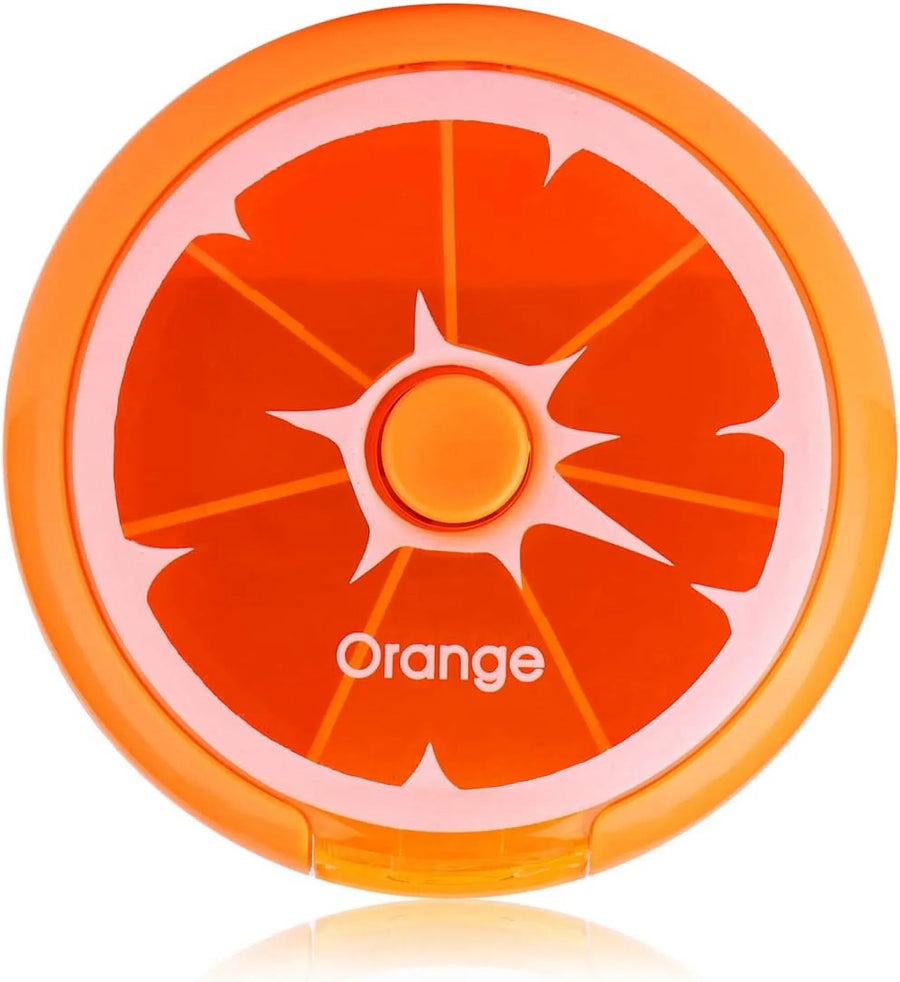 Portable Weekly Pill Organizer Box, 7 Day Rotary Circular Design, 3 Compartment Fruit Style for Travel, Orange