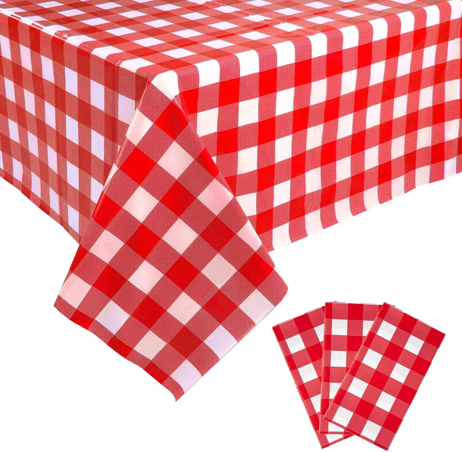 Gingham Plastic Tablecloths, Disposable Waterproof Rectangle Table Covers for Parties and Picnics, Red White, 54 x 108 Inch, 3 Pack