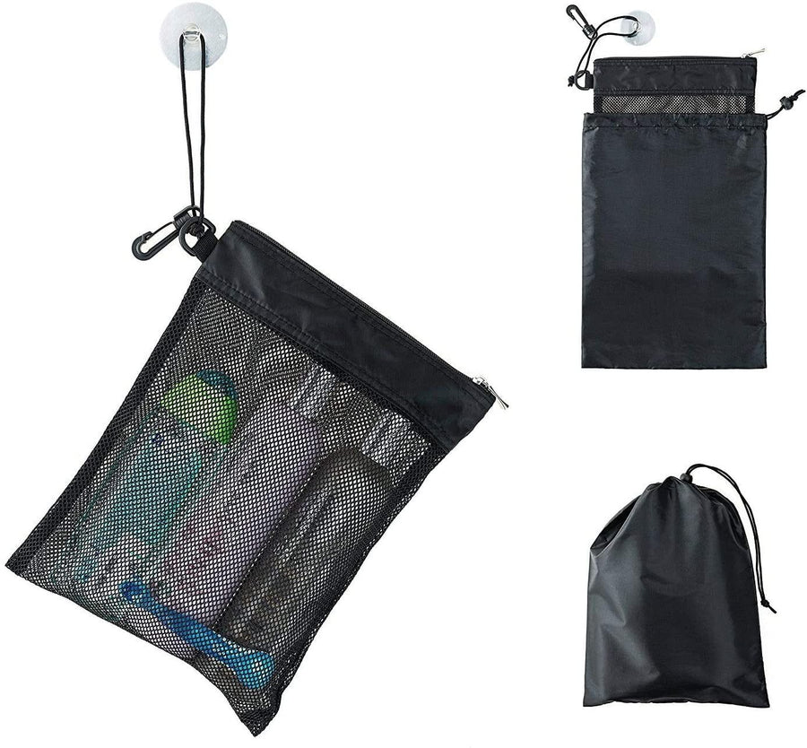 Mesh Shower Caddy Tote Toiletry Organizer with Suction Cup, Hanging Cord and Zipper Drawstring Pouch for Dorm Gym Travel, Black