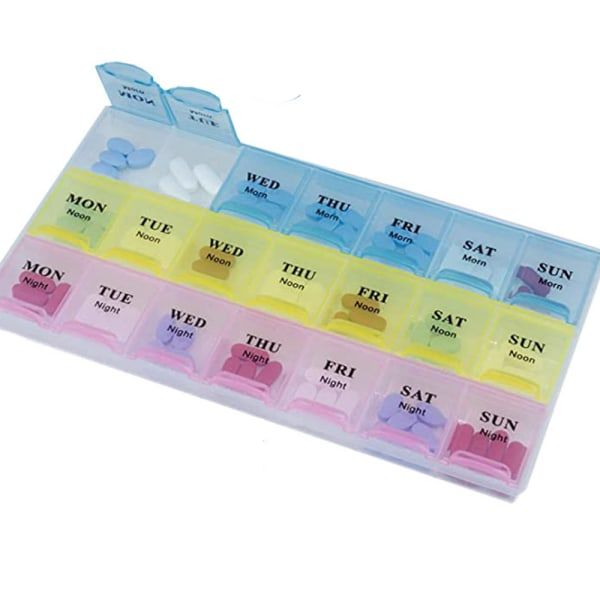 Light and Convenient 21-Compartment Dosett Medicine Box Weekly Pill Organizer, Multicolor, PP Material, 22 x 12 x 2.7 cm