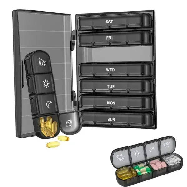 Dosett 7-Day Portable 28-Compartment Daily Pill Box, Large 4 Times a Day Medicine Organizer, Black, PP + ABS Material