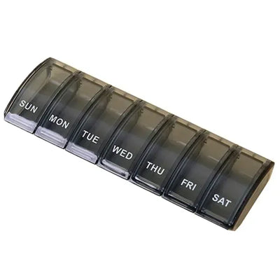 Dosett Medicine Box with 7 Compartments, Compact Weekly Pill Organizer for Travel, Black, PP Plastic, 13.5 x 5.2 x 2.3 cm