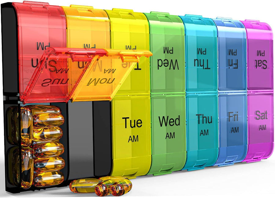 Extra Large 7-Day Pill Organizer 2 Times a Day, Weekly XL AM PM Pill Box with Large Compartments, Rainbow, 14 Compartments