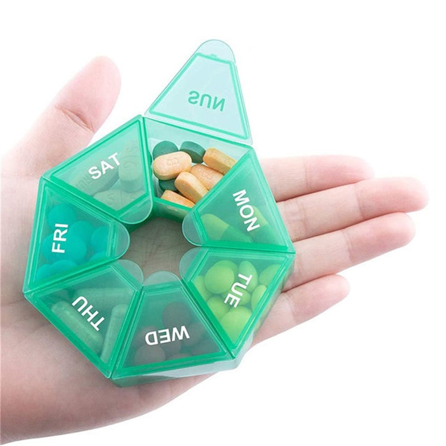 Smart Dosett Weekly Medicinal Dosing Box, Compact 7-Compartment Travel Medicine Organizer, Green, PP Plastic, Secure Snap Lid