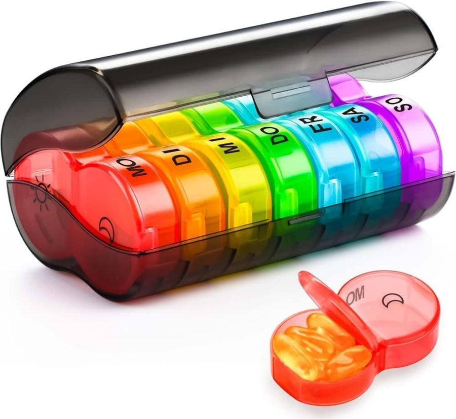 Round 7-Day Medicine Dosett, XL Weekly Pill Storage with Large Compartments, Gray, BPA-Free Plastic, Secure Snap Lid