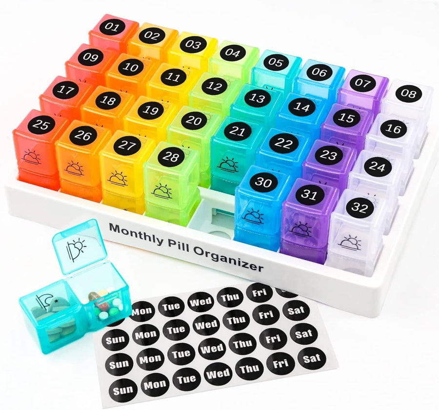 Monthly Pill Case with 32 Removable Compartments and Marking Labels, Twice a Day 30-Day Pill Organizer, Transparent, ABS Material