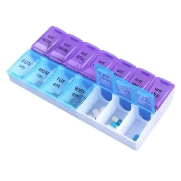 Practical 14-Compartment Medical Tablet Case Dosett, Weekly Morning Evening Pill Organizer, Multicolor S, Plastic Material