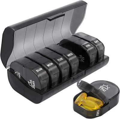 Weekly Dosette Dosing Box with Two Compartments Per Day and Carry Case, 7 Daily Boxes, BPA-Free Plastic, 14.5 x 8 x 4.2 cm