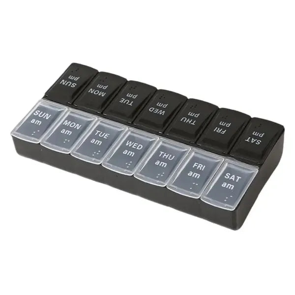 Spacious Practical Dosett Medical Tablet Bag, 14-Compartment Morning Evening Weekly Pill Organizer, Black and White, Plastic Material