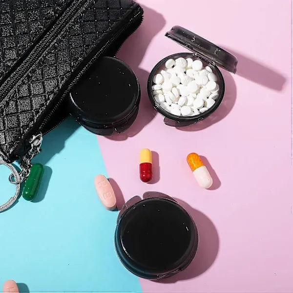Small Pill Box Cute Round Pill Container, Portable Mini Storage Case for Pocket Handbag and Headphones, 4 Pack, Black, PP Material