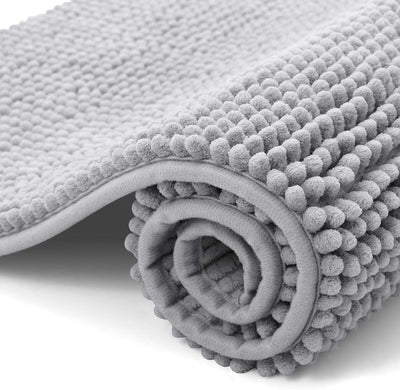 Chenille Bath Mat, Soft Absorbent Non-Slip Bathroom Rug for Shower, Tub, Sink and Laundry Room Floors, 40 x 60 cm, Light Grey