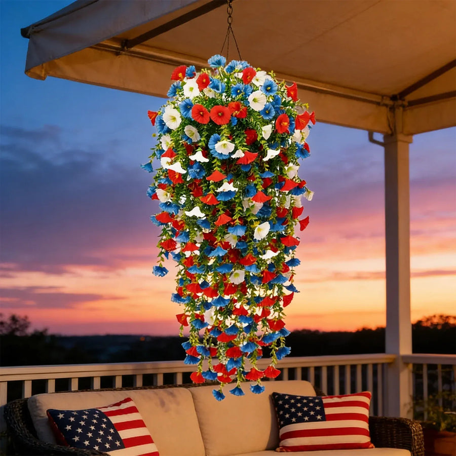 4th of July Hanging Flowers, Artificial Red White and Blue Morning Glory Basket for Patio, Porch and Outdoor Decor