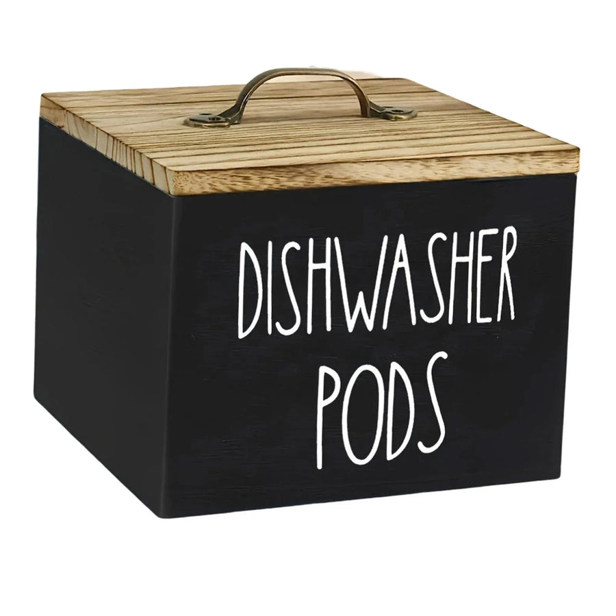 Wooden Storage Container with Lid, Farmhouse Dishwasher Pod Dispenser Box for Laundry Room, Bathroom and Countertop, Black