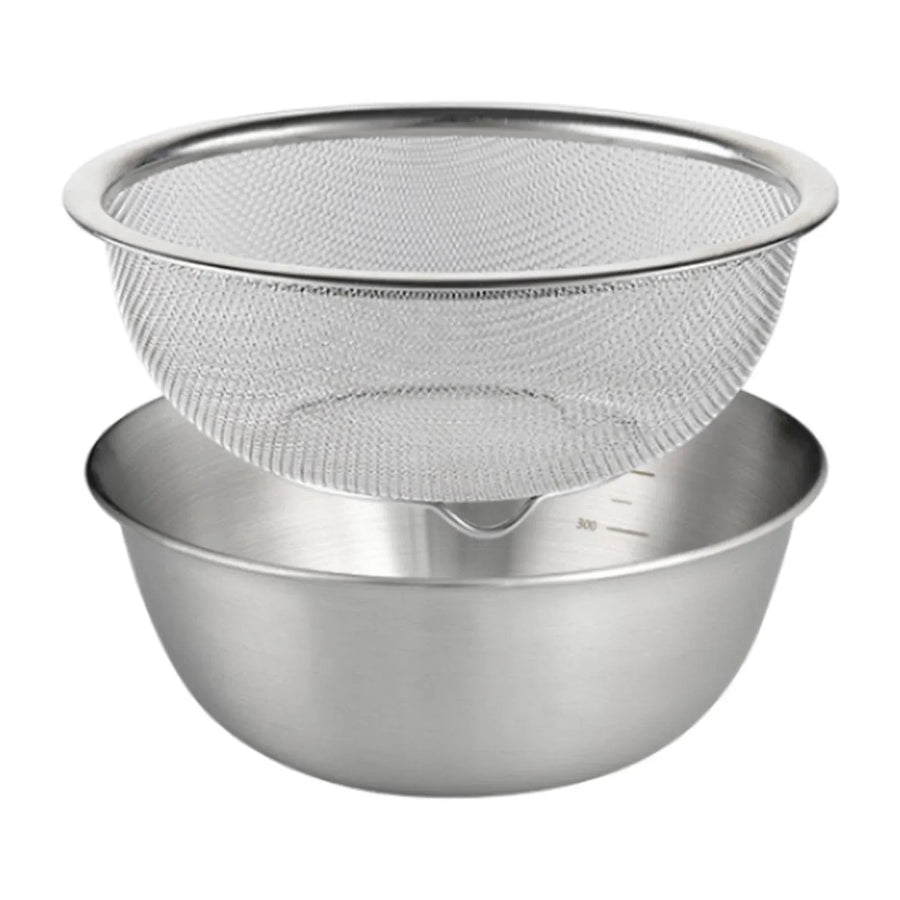 2 Pieces, 304 Stainless Steel Colander with Mixing Bowl, Fruit Pasta Rice Strainer and Drainer Basket Set, 18 cm