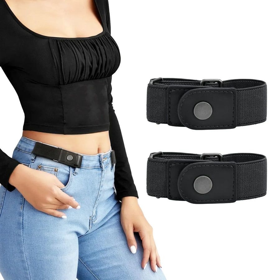2 Pack No Buckle Stretch Belt for Women and Men, Elastic Invisible Waist Belt for Jeans, Side-Fastening Buckle-Free Belt, Black