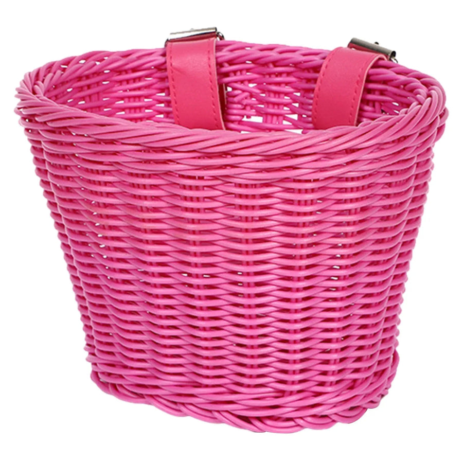 Bicycle Wicker Basket, Front Handlebar Basket with Adjustable Belt, Plastic Woven Kids Bike Basket for Bikes and Scooters