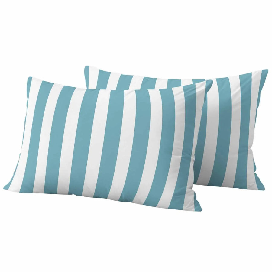 Aqua Striped Outdoor Pillow Covers, Waterproof Decorative Throw Pillowcases Set of 2 for Patio Sofa Furniture and Porch, Blue and White