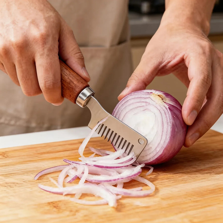 1 Piece, Vegetable Shredder, Handheld Shredder, Stainless Steel Kitchen, Onion Cutter Chopper, 8 in Cutting Head, Wooden Handle, Silver, Brown