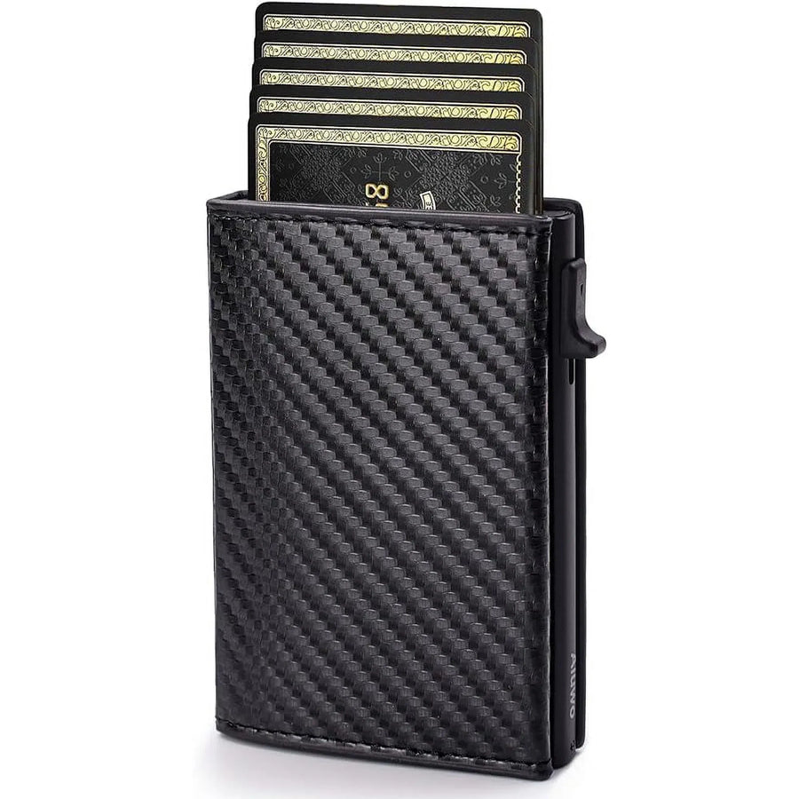 Ultra Thin Men's Wallet, Carbon Fiber Style Card Holder and Money Clip Wallet for Travel, Work and Daily Carry, Black